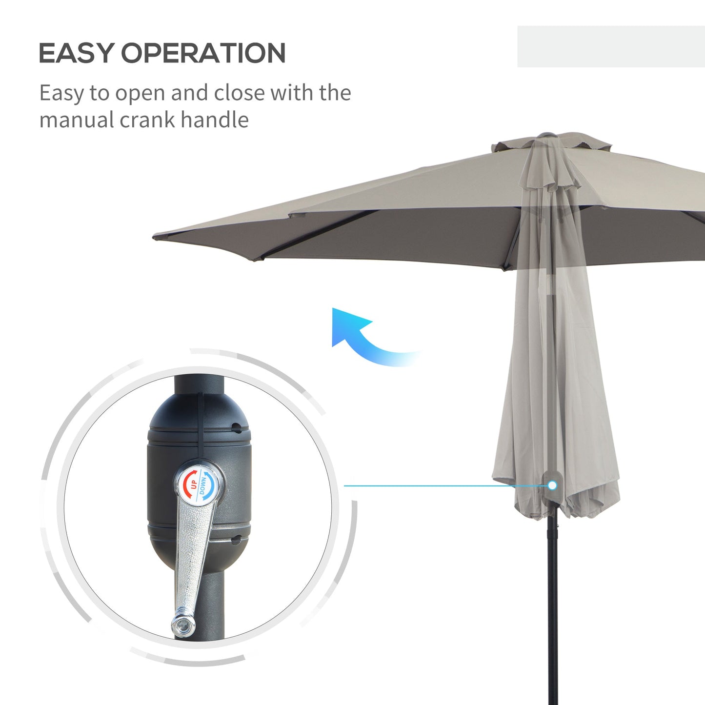 Outsunny 3(m) Parasol ogrodowy z odchylanym parasolem, zewnętrzny parasol przeciwsłoneczny z 8 żebrami, odchylany i korbowy uchwyt na balkon, ławka, ogród, jasnoszary