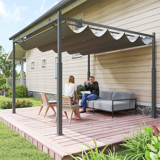 Pergola metalowa Outsunny 3 x 3(m) z rozsuwanym dachem i magnetycznym mocowaniem, zestaw ogrodowy z altaną i markizą przeciwsłoneczną, UPF30+, kolumna metalowa 80 mm, kolor szary