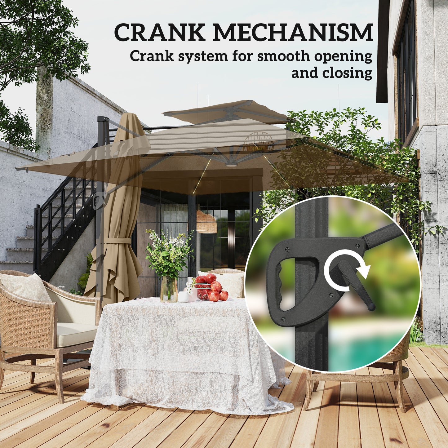 Outsunny 3.5x3 m Garden Cantilever Parasol with Solar LED Lights and Centre Light, UPF50+ Aluminium Patio Umbrella with 360√Ç¬∞ Rotation and Tilt, Hanging Sun Shade with Cross Base, Crank Handle, Khaki