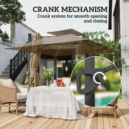 Outsunny 3.5x3 m Garden Cantilever Parasol with Solar LED Lights and Centre Light, UPF50+ Aluminium Patio Umbrella with 360√Ç¬∞ Rotation and Tilt, Hanging Sun Shade with Cross Base, Crank Handle, Khaki