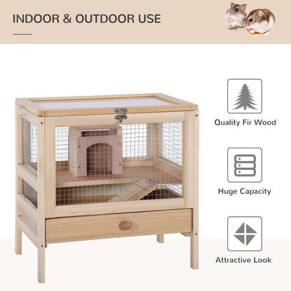 PawHut Hamster Cage Rodent Pet Small Animal Kit Large Wooden hut Box Double Layers Easy Clean 46 x 34 x 48 cm