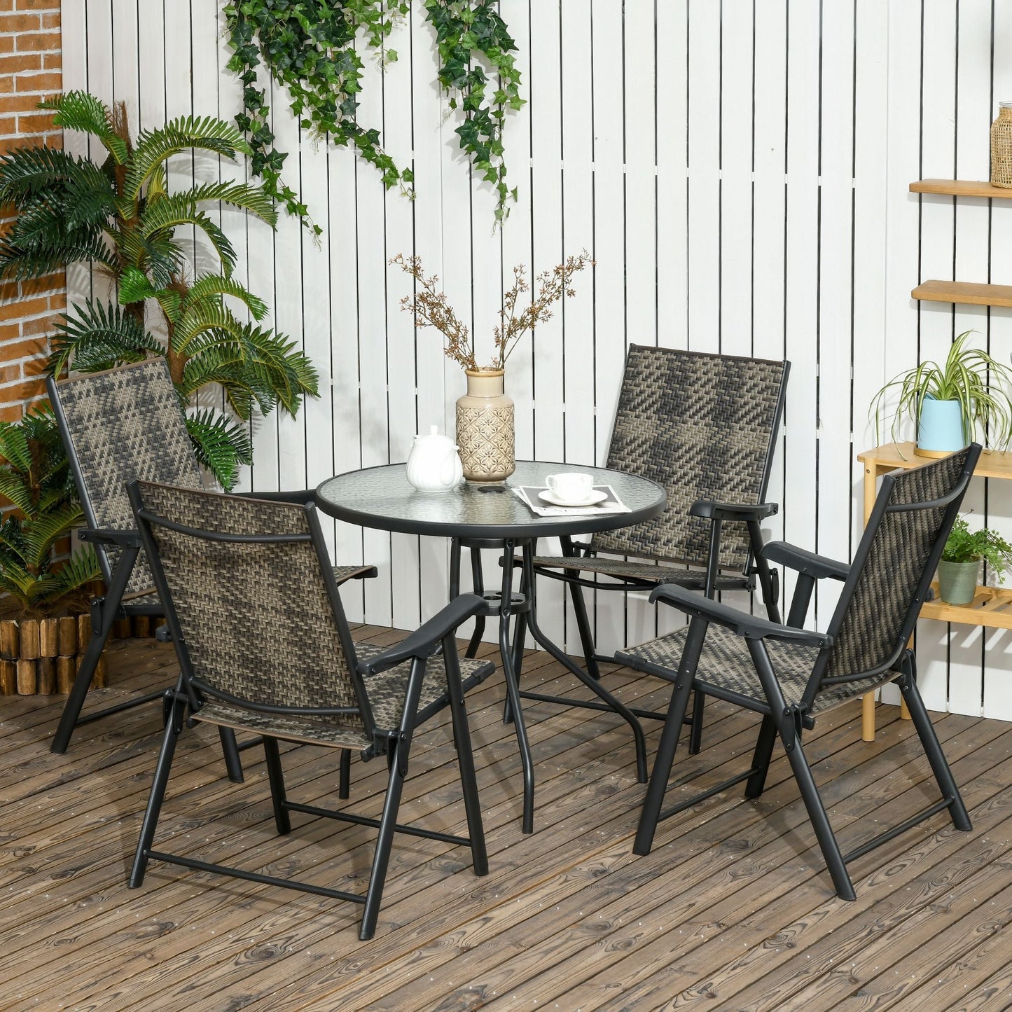 Outsunny 5 Piece Rattan Dining Sets Garden Dining Set w/ PE Rattan Folding Armchair, Round Glass Top Dining Table with Umbrella Hole, Mixed Grey