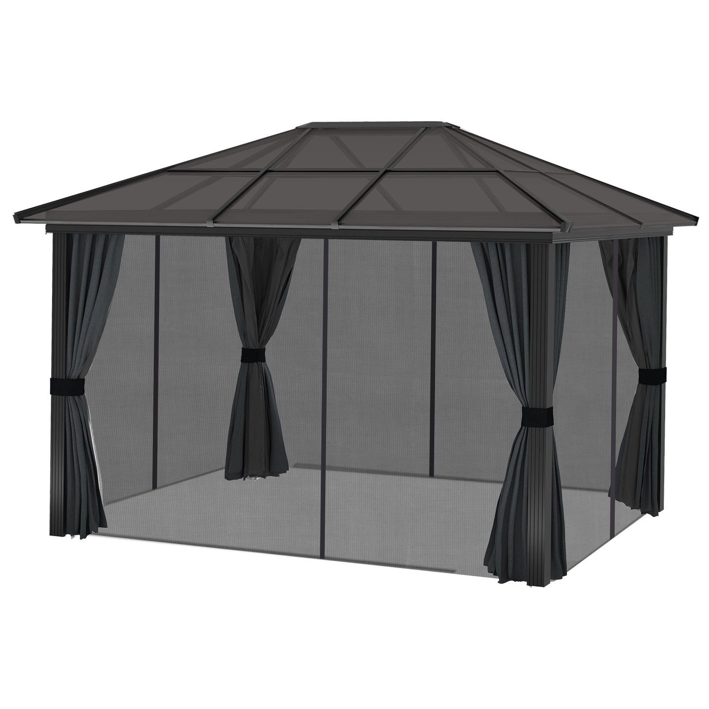 Outsunny 3 x 3.6m Hardtop Gazebo Canopy with Polycarbonate Roof, Aluminium Frame, Permanent Pavilion Garden Gazebo with Netting and Curtains for Patio, Deck, Dark Grey