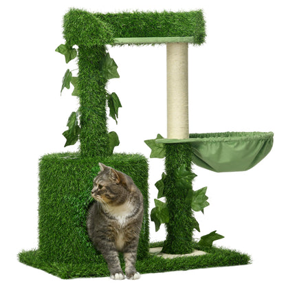 PawHut 77cm Cat Tree for Indoor Cats with Green Leaves, Scratching Posts, Hammock - Green