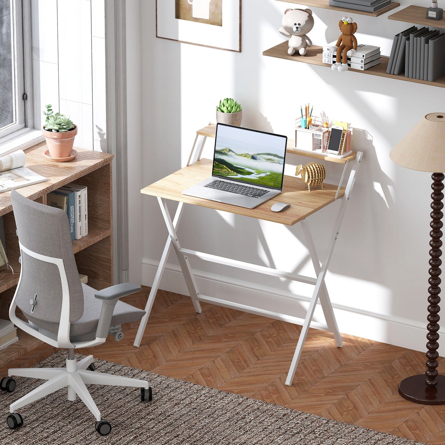 HOMCOM 81.5 cm Folding Computer Desk with Monitor Shelf - Natural Wood Finish