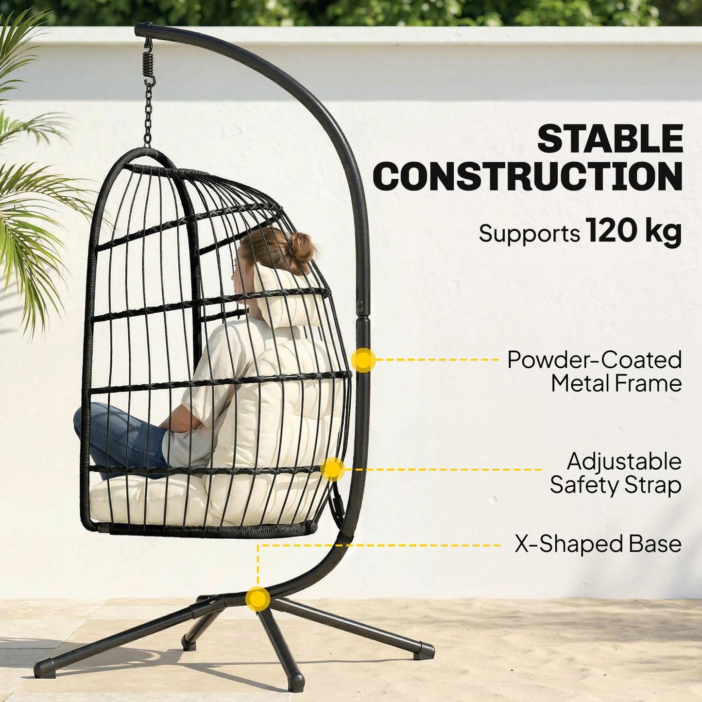 Outsunny Hanging Egg Chair, Indoor Outdoor Hammock Swing Chair with Stand, Safety Strap, Foldable Basket, Black/Cream White