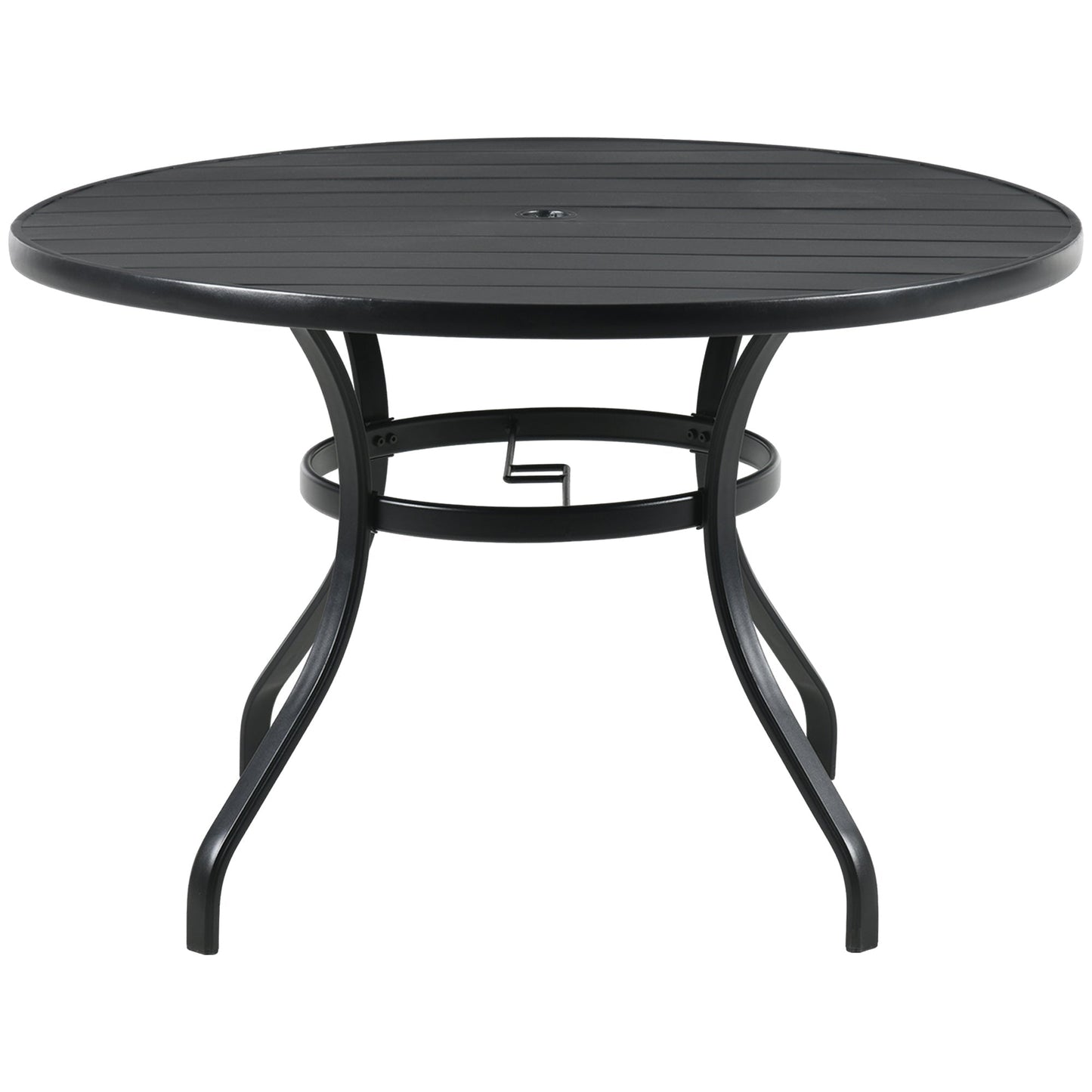 Outsunny Garden Table with Parasol Hole, Outdoor Dining Garden Table for Four Persons, Round Patio Table with Slatted Metal Top, Black