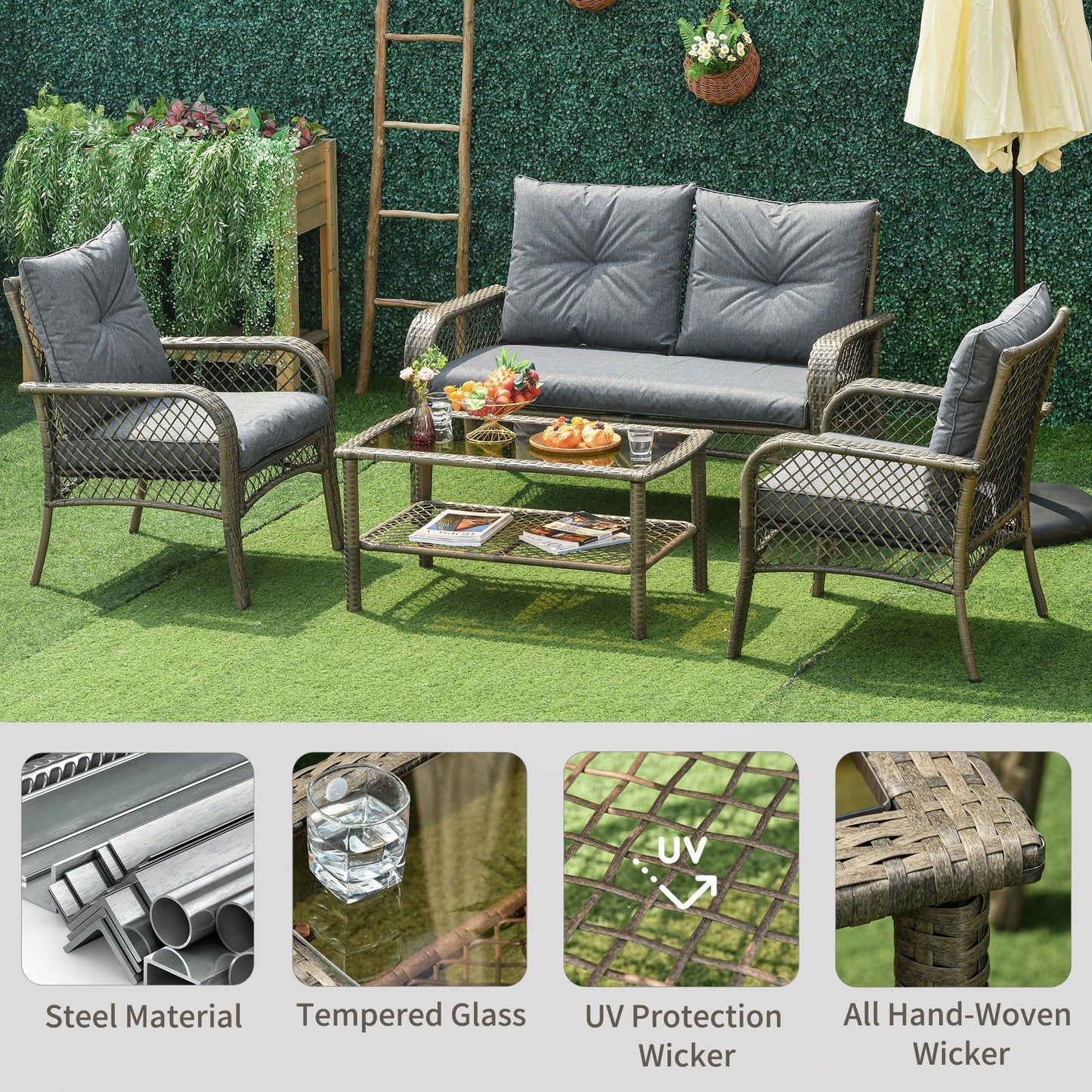 Outsunny 4-Seater Patio PE Rattan Wicker Sofa Sets Outdoor All Weather Conversation Furniture w/ Two Tier Tea Table & Cushions for Backyard Garden Grey