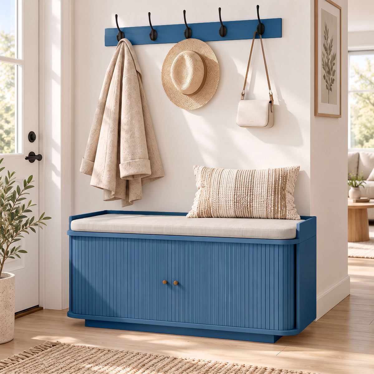 HOMCOM Hallway Storage Unit, Hallway Furniture Set with Shoe Storage Cabinet and 5 Hooks Coat Rack, Blue