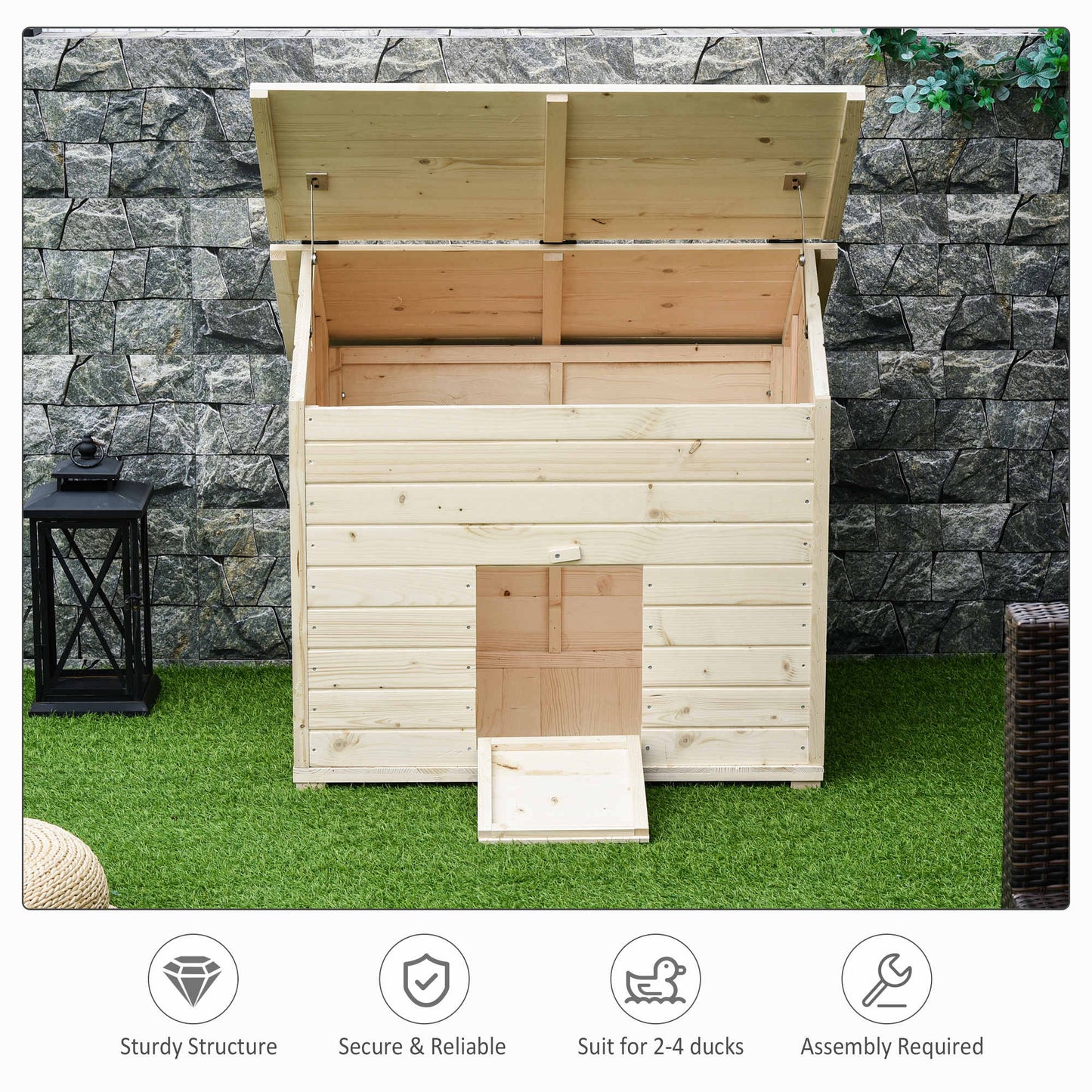 PawHut Wooden Duck House Poultry Coop for 2-4 Ducks with Openable Roof Raised Feet Air holes Natural