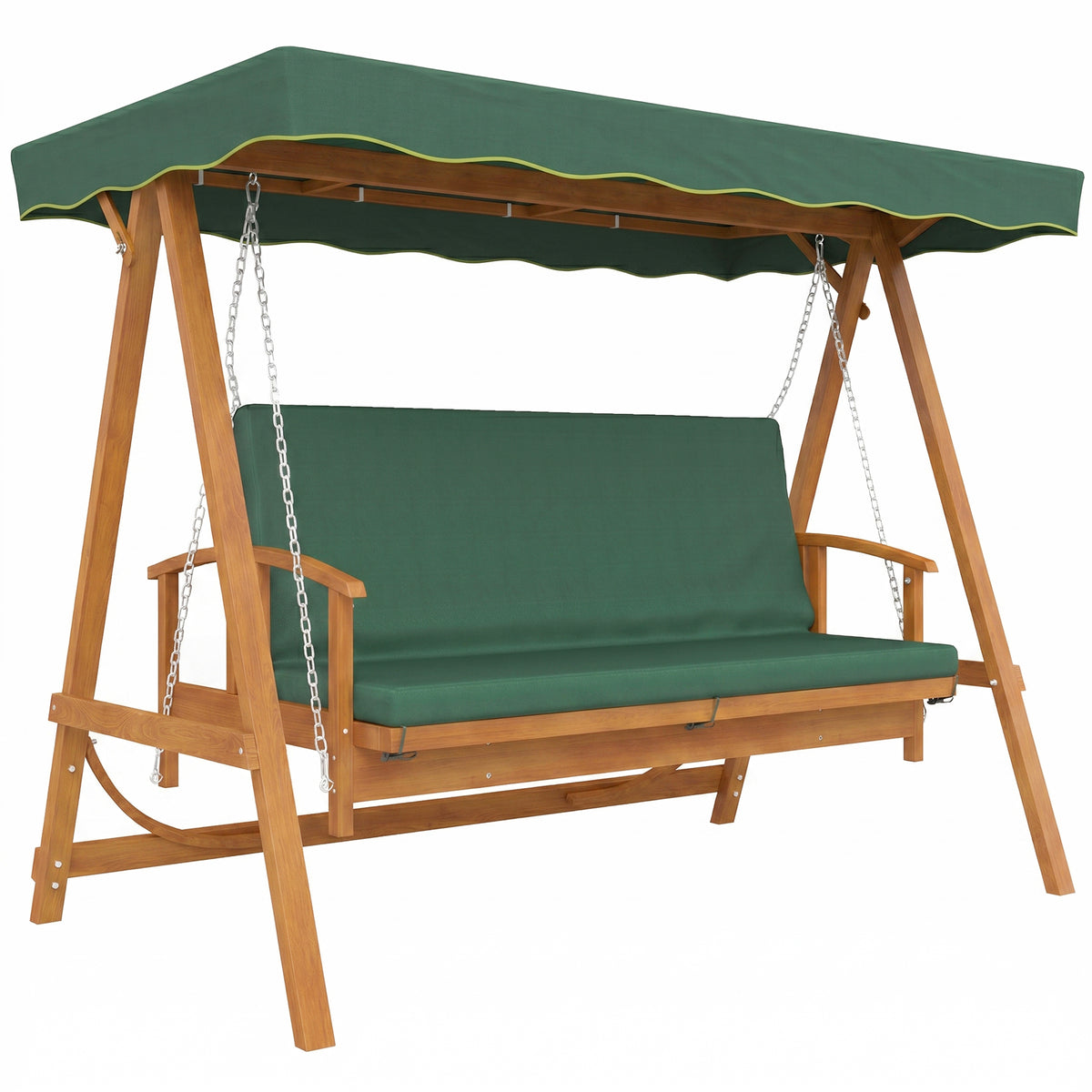 Outsunny 3 Seater 2-in-1 Wooden Garden Swing Seat Swing Chair, Outdoor Convertible Hammock Bench w/cushion, Furniture Lounger Bed, Dark Green