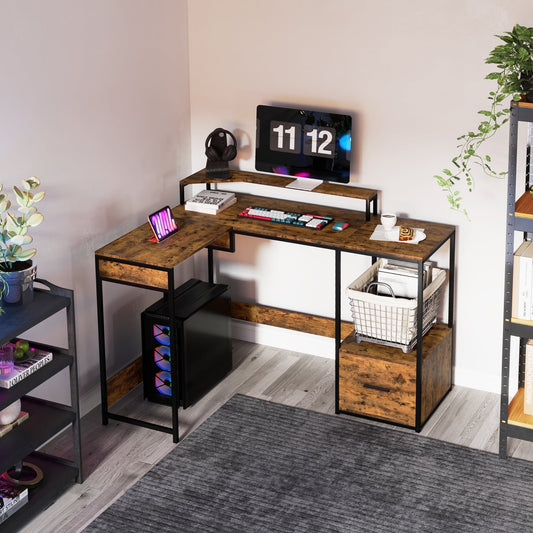 HOMCOM Industrial 'L' Shaped Multi-Work Desk - Brown