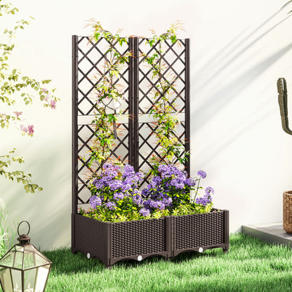 Outsunny Raised Garden Bed with Trellis, Plastic Planter Box with Drainage Holes and Drain Plugs for Climbing Plants, Vegetables, Flowers, Brown