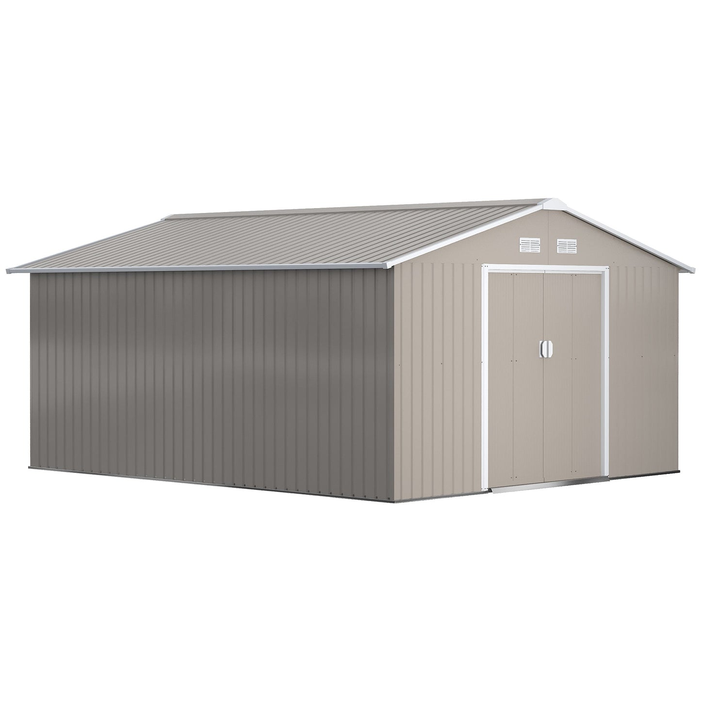 Outsunny 13 x 11ft Garden Metal Storage Shed Outdoor Storage Shed with Foundation Ventilation & Doors, Light Grey