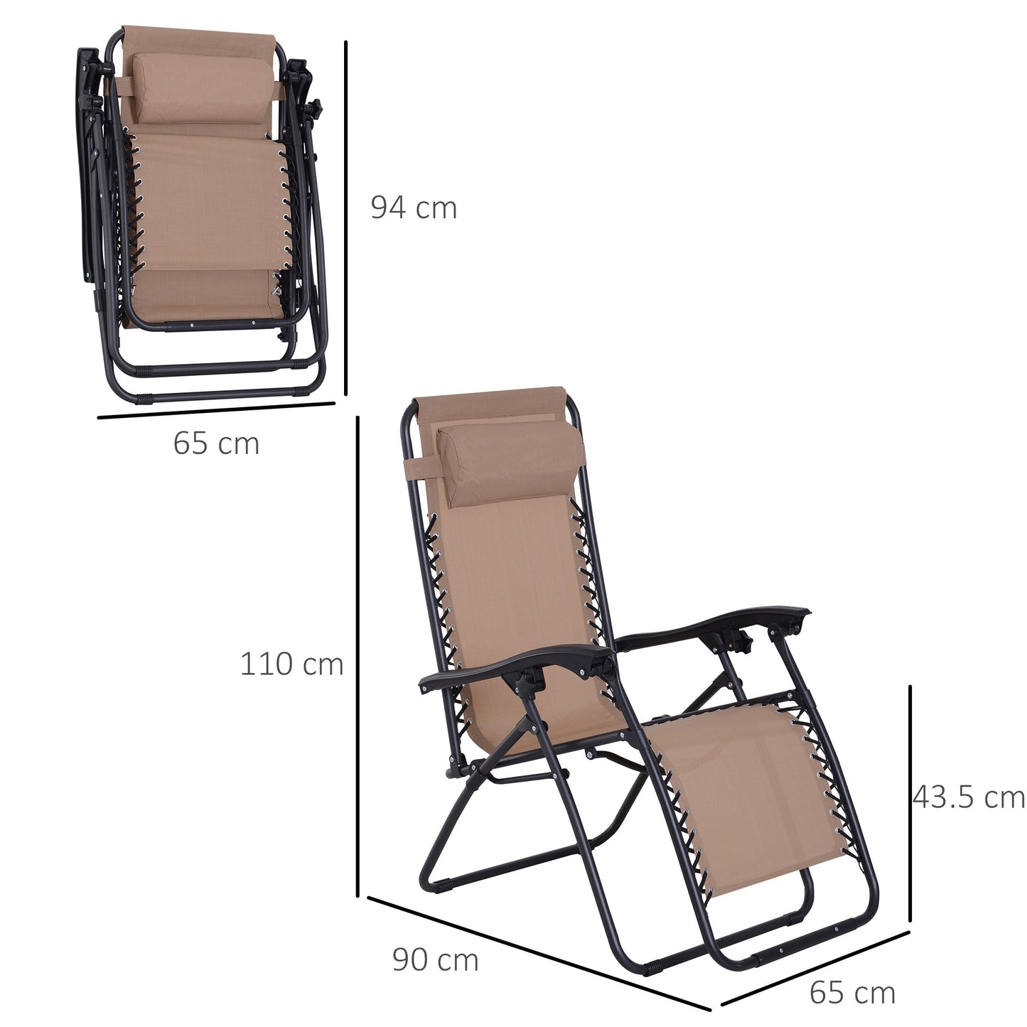 Outsunny Zero Gravity Chair Metal Frame Texteline Armchair Outdoor Folding and Reclining Sun Lounger with Head Pillow for Patio Decking Gardens Camping, Beige