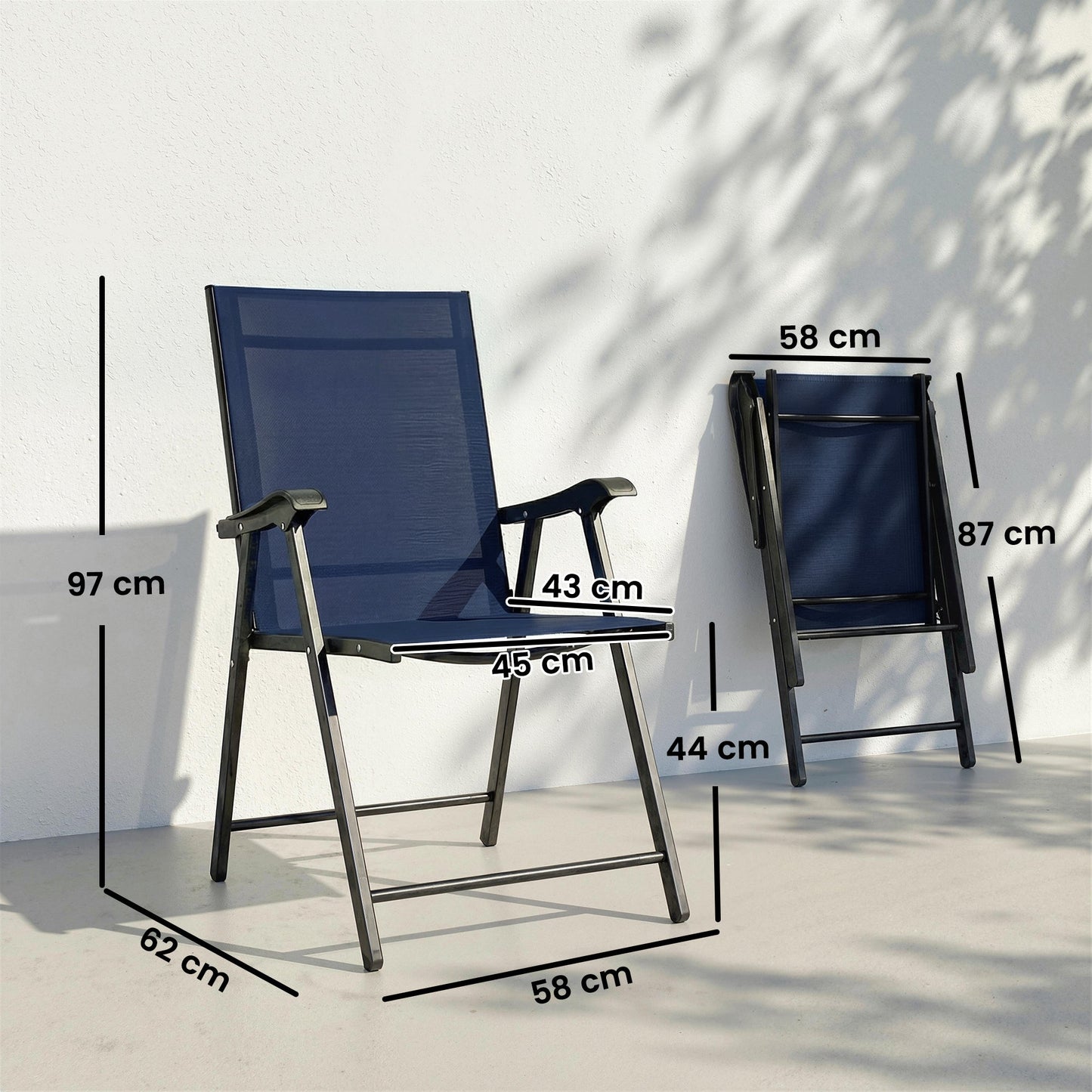 Outsunny Folding Garden Chairs Set of 2, Foldable Garden Dining Chairs with High Back, Armrests, Texteline Seat, Navy Blue