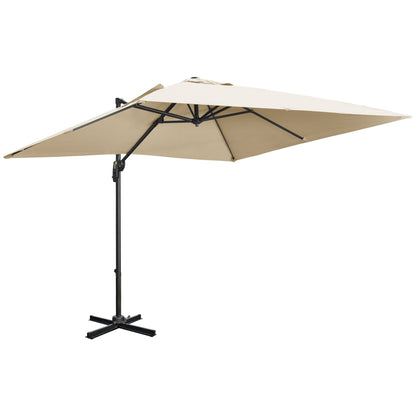 Outsunny 2,7 ​​x 2,7 m Parasol wysięgnikowy, kwadratowy parasol z podstawą krzyżową, korbką, nachyleniem, obrotem 360√Ç¬∞ i aluminiową ramą, kremowo-biały