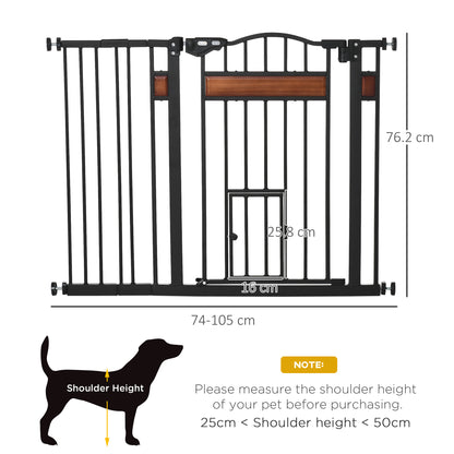 Bramka zabezpieczająca dla zwierząt PawHut Pet Gate z drzwiczkami dla kota, zamykana automatycznie, na schody, drzwi, korytarze, szerokość 74-105 cm - czarna