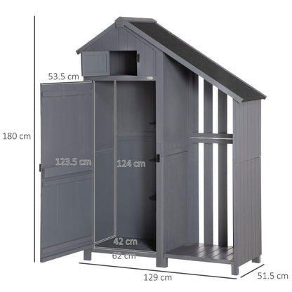 سقيفة تخزين خارجية من Outsunny Garden، سقيفة أدوات خارجية مع 3 أرفف وسقف مائل، 129x51.5x180 سم، رمادي