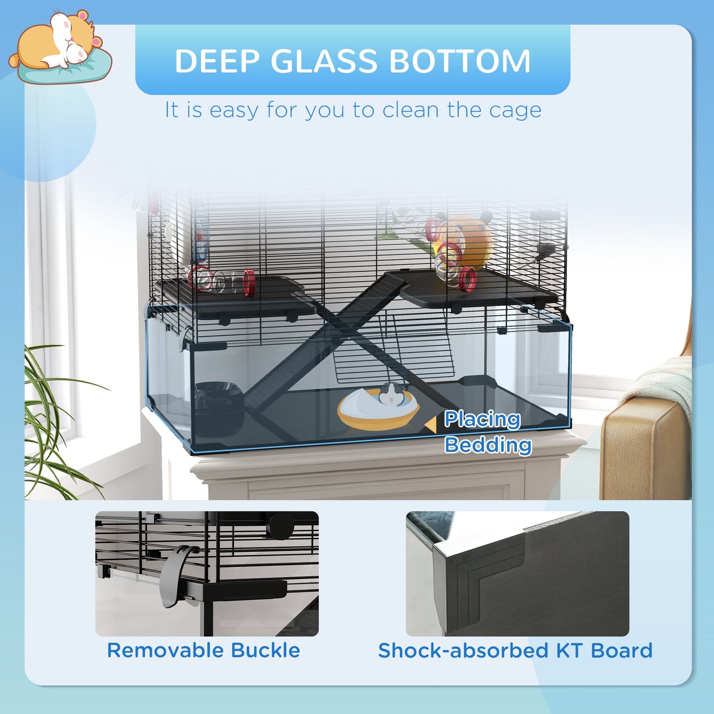 PawHut Gerbil Cage, Dwarf Hamster Cage, with Deep Glass Bottom, Tunnels, Ramps, Hut, Exercise Wheel, 78.5 x 48.5 x 57cm