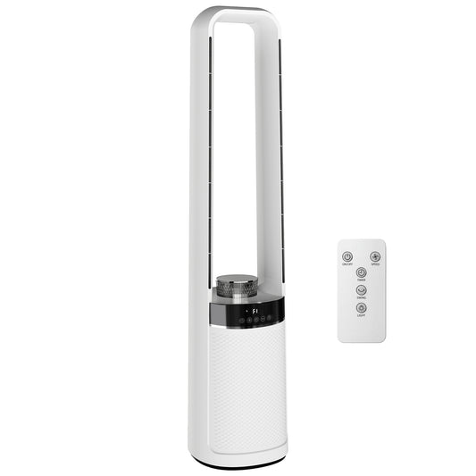 HOMCOM Bladeless Tower Fan, 36dB Standing Cooling Fan with 45° Oscillating, LED Lights, 3 Speeds, 12H Timer, Remote Control