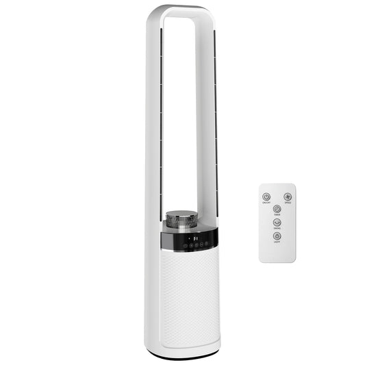 HOMCOM Bladeless Tower Fan, 36dB Standing Cooling Fan with 45 degrees Oscillating, LED Lights, 3 Speeds, 12H Timer, Remote Control