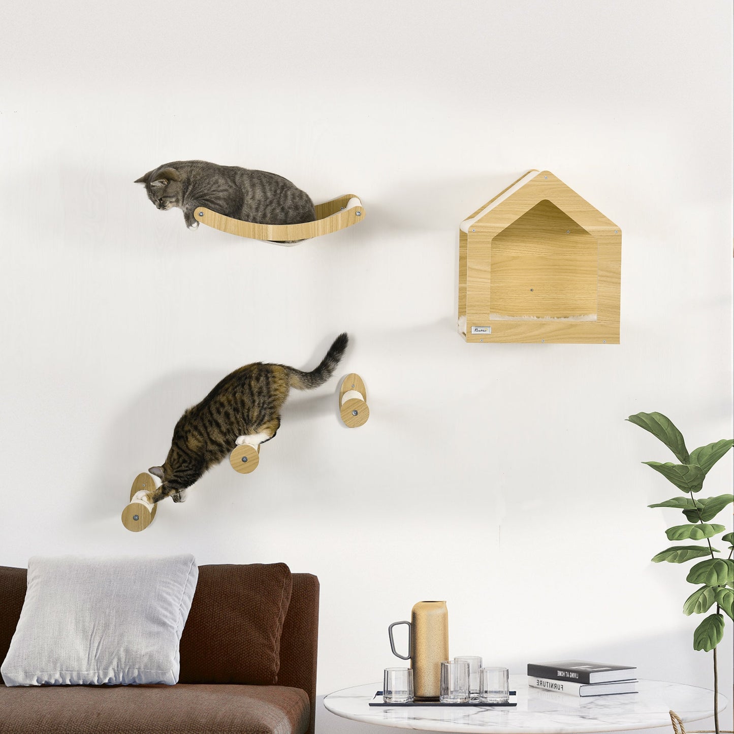 PawHut Wall Mounted Cat Shelves, with House, Hammock, Scratching Post - Oak Tone