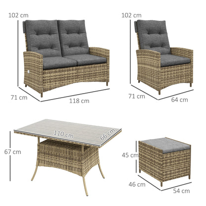 Outsunny 6 Seater Rattan Dining Set with 2 Reclining Chairs, Loveseat, 2 Stools, Rattan Garden Furniture Set with Cushions, Rectangular Glass Top Table, Aluminium Frame, Mixed Grey