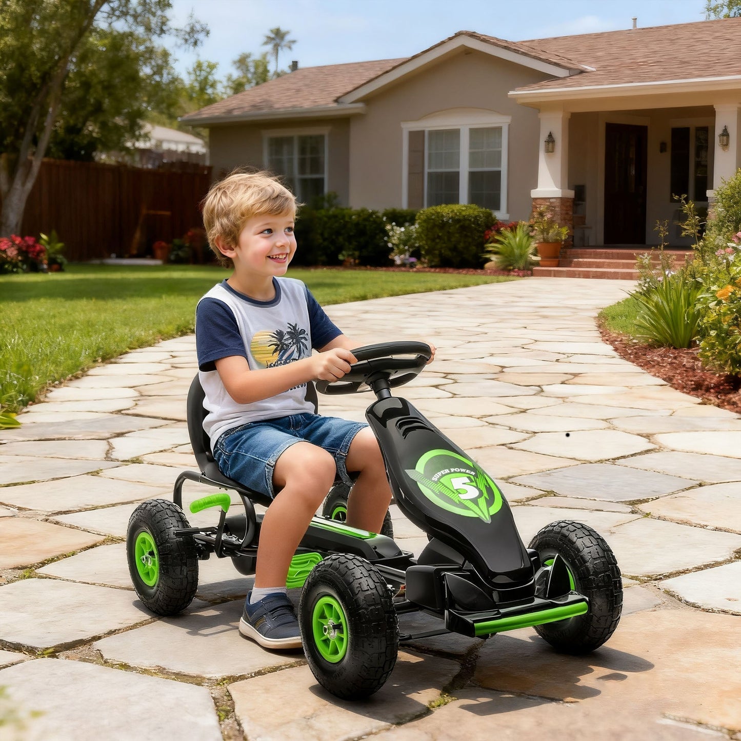 HOMCOM Kids Pedal Go Kart, with Adjustable Seat, Inflatable Tyres - Green
