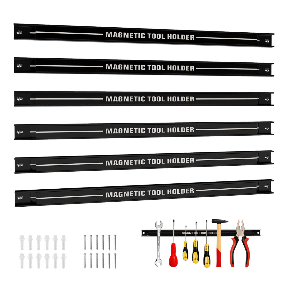 Magnetic Tool Holder Set of 6 with Strong Load Capacity and Mounting Screws-Black