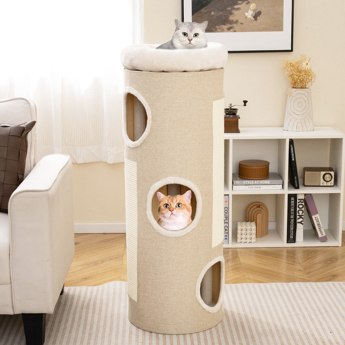 4-Tier Cat Tree Raised Condo with Removable Bed Indoor Cat Tower with Sisal Scratching Board White