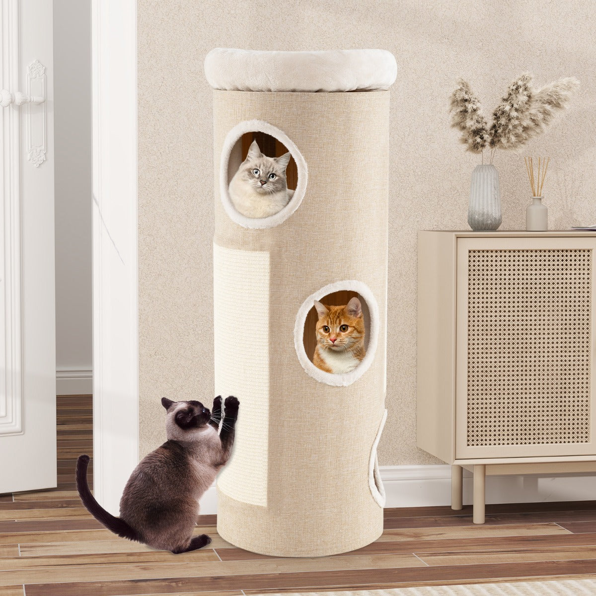 4-Tier Cat Tree Raised Condo with Removable Bed Indoor Cat Tower with Sisal Scratching Board White