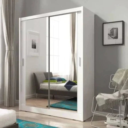 Splendor Sliding Door Wardrobe 130cm With Double Mirror - White Matt