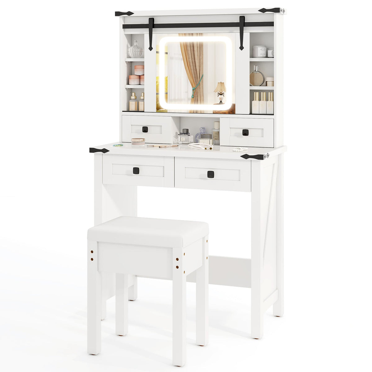 Makeup Vanity Desk and Stool Set with Mirror and Lights-White