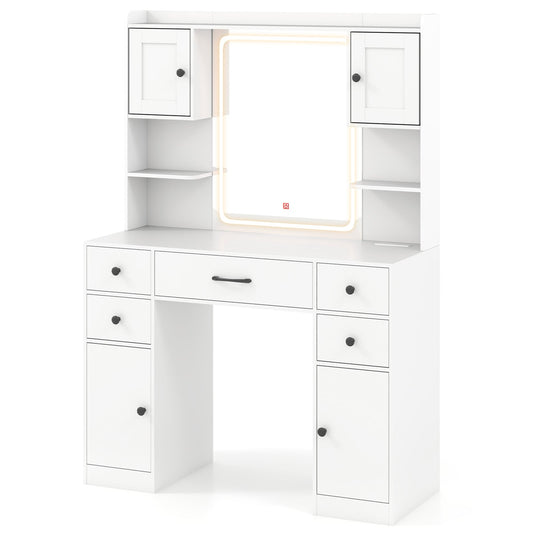 Makeup Vanity Desk with Lighted Mirror and Charging Station-White