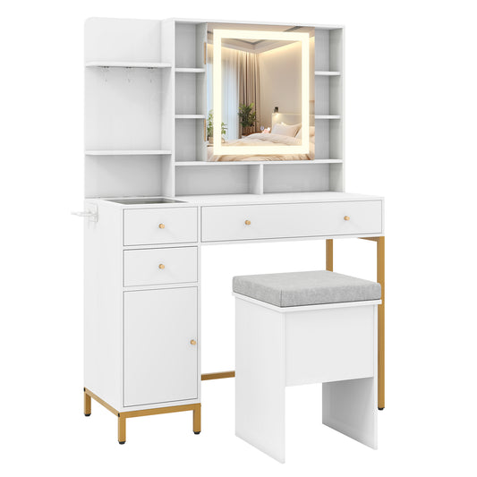 Makeup Vanity Desk with Lighted Mirror and LED Lights-White