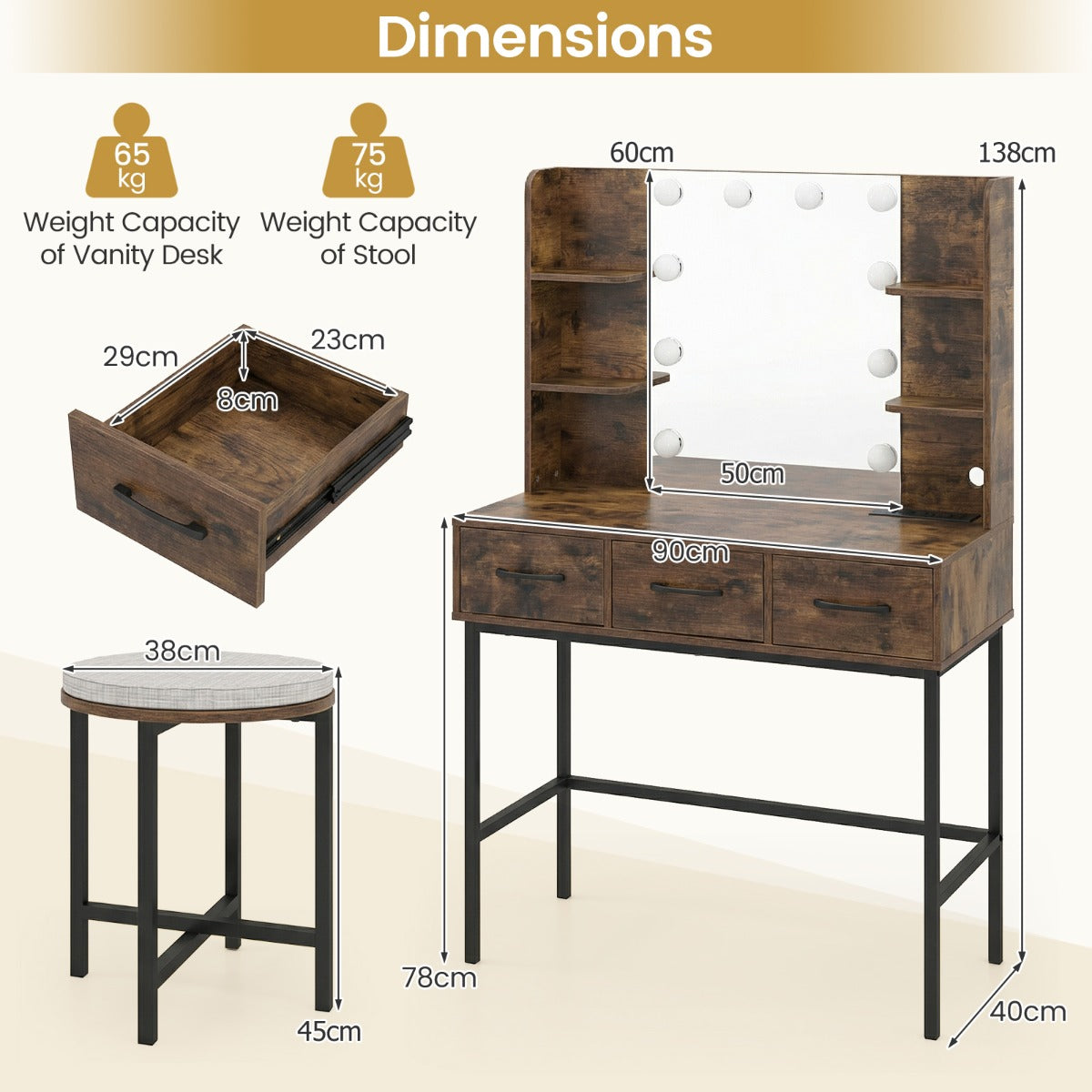 Makeup Dressing Table and Cushioned Stool Set with Power Outlets-Rustic Brown