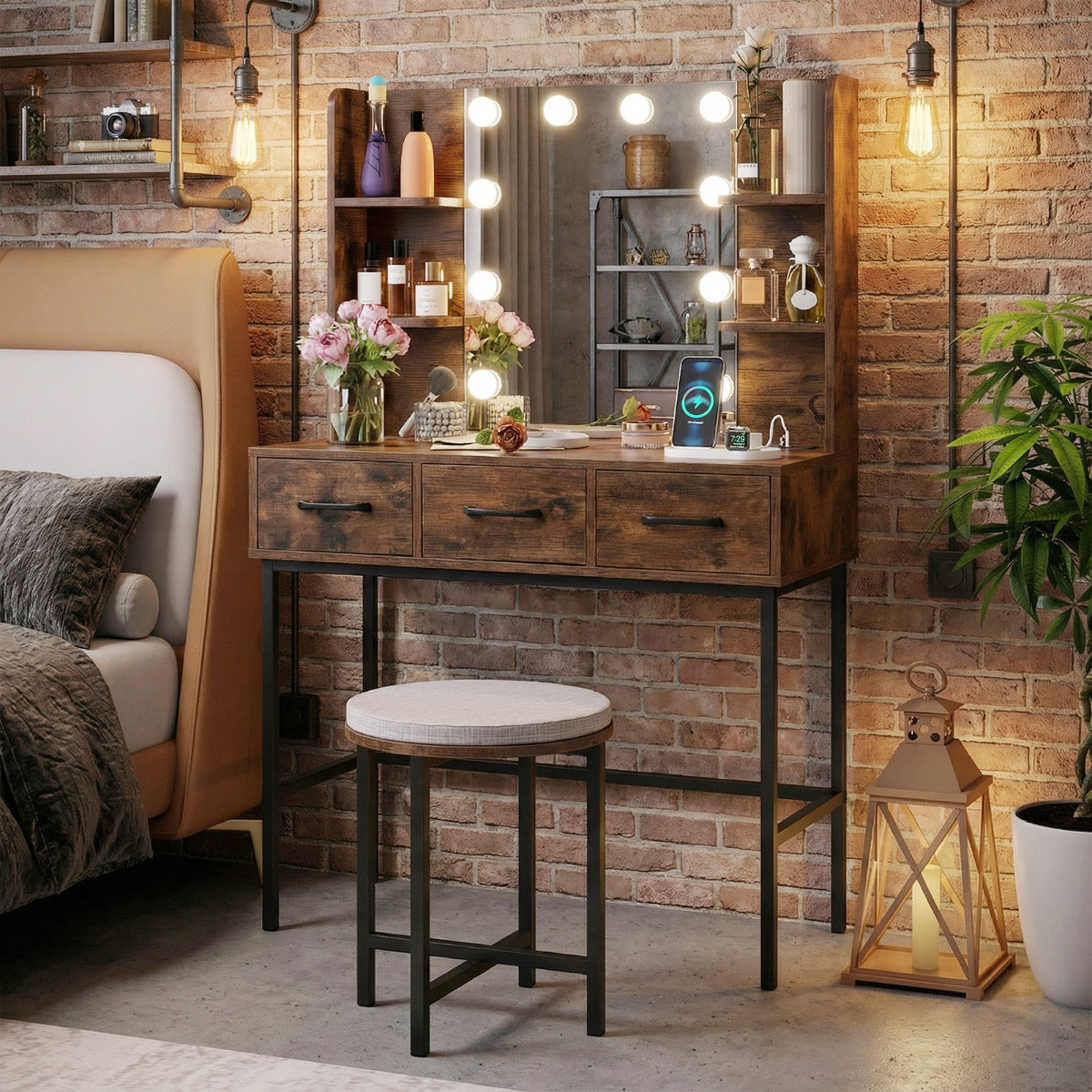 Makeup Dressing Table and Cushioned Stool Set with Power Outlets-Rustic Brown