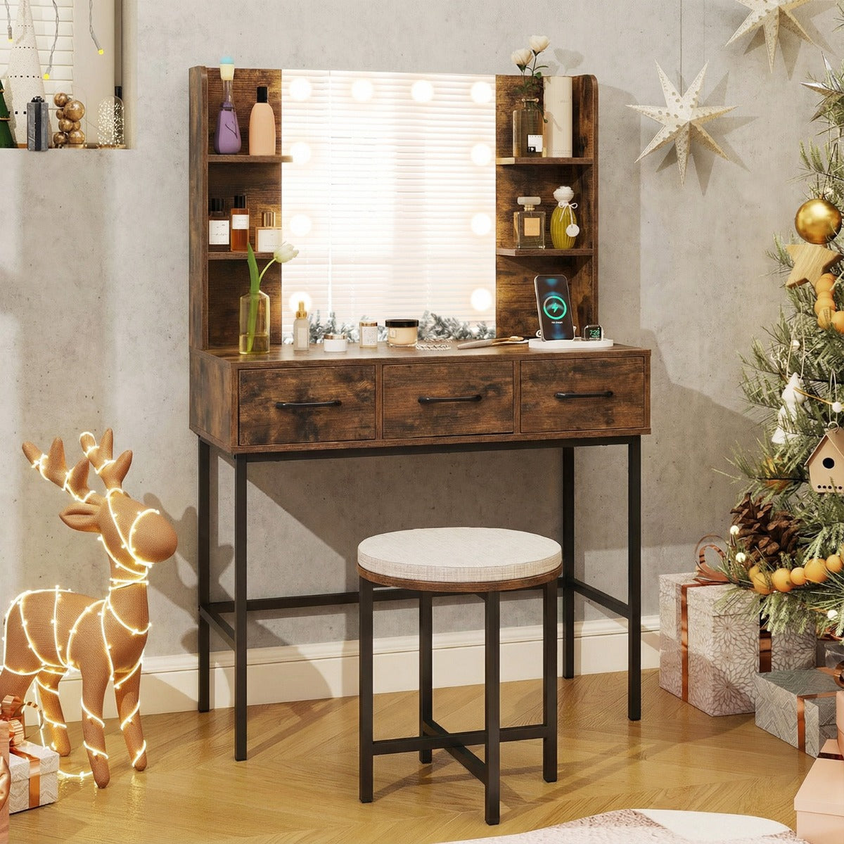 Makeup Dressing Table and Cushioned Stool Set with Power Outlets-Rustic Brown