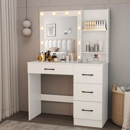 Makeup Vanity Desk Dressing Table with Mirror Lights and Charging Station-White
