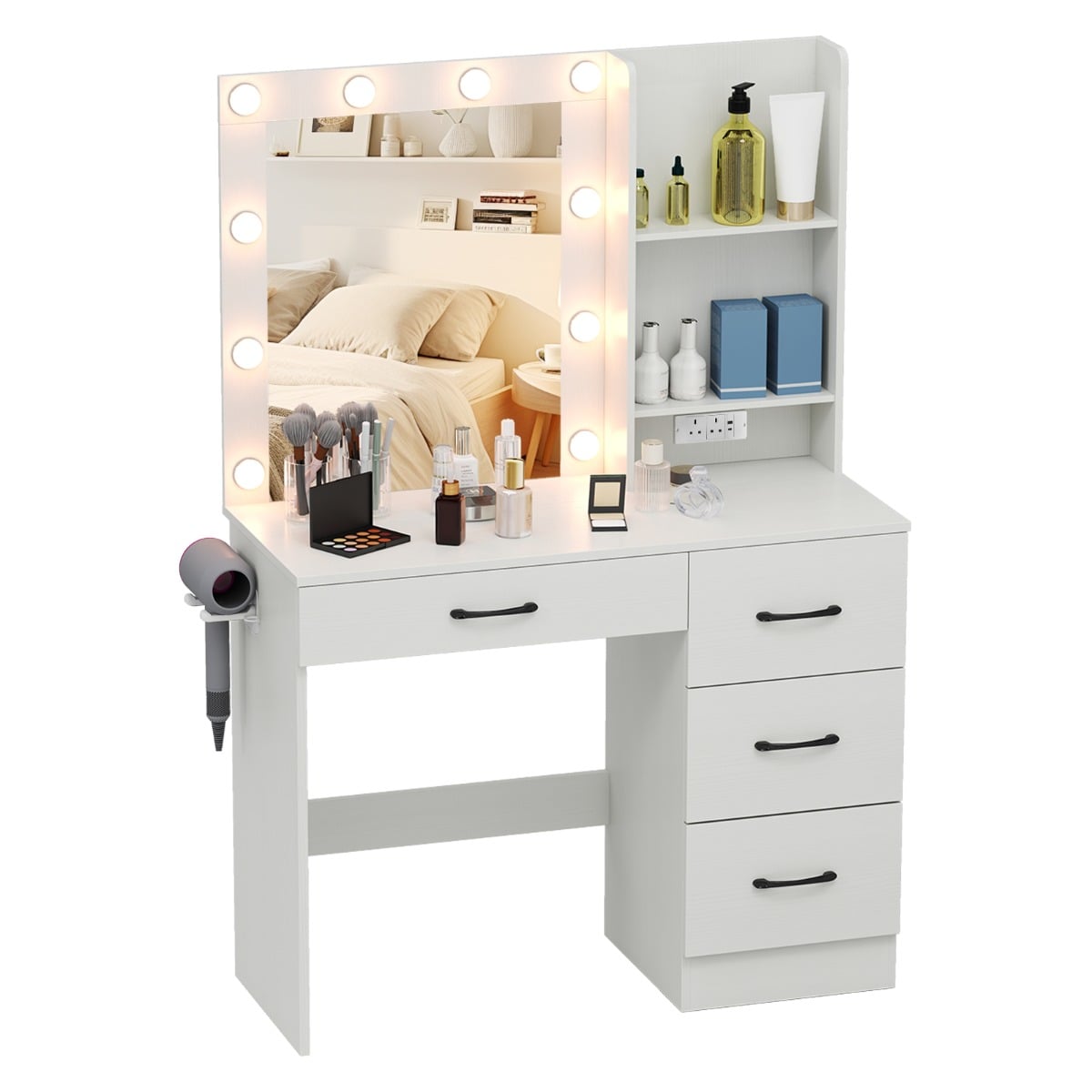 Makeup Vanity Desk Dressing Table with Mirror Lights and Charging Station-White