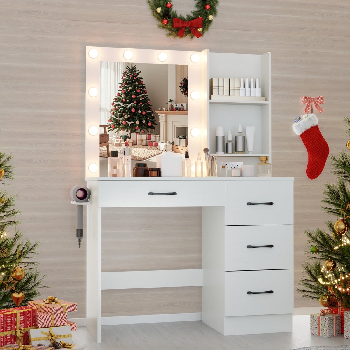Makeup Vanity Desk Dressing Table with Mirror Lights and Charging Station-White