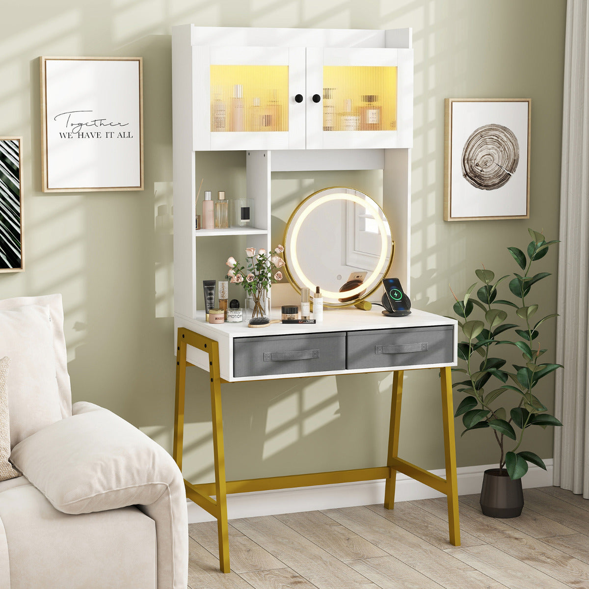 Makeup Vanity Desk with Rotating Mirror and Adjustable Light-White