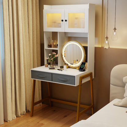 Makeup Vanity Desk with Rotating Mirror and Adjustable Light-White