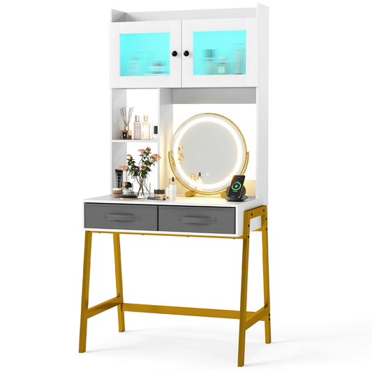 Makeup Vanity Desk with Rotating Mirror and Adjustable Light-White