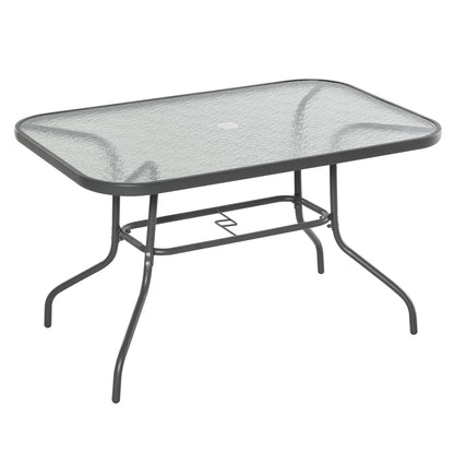 Outsunny Glass Top Garden Table Curved Metal Frame w/ Parasol Hole 4 Legs Outdoor  Balcony Sturdy Friends Family Dining Table  -Grey