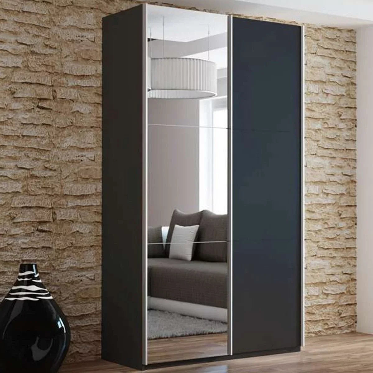 Boris Sliding Door 120cm Wardrobe with Mirror - Graphite, Black, White