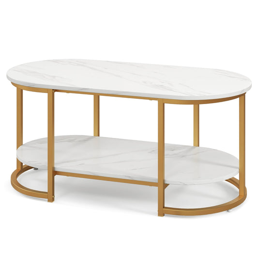 Marble Coffee Table with Open Storage Shelf in White