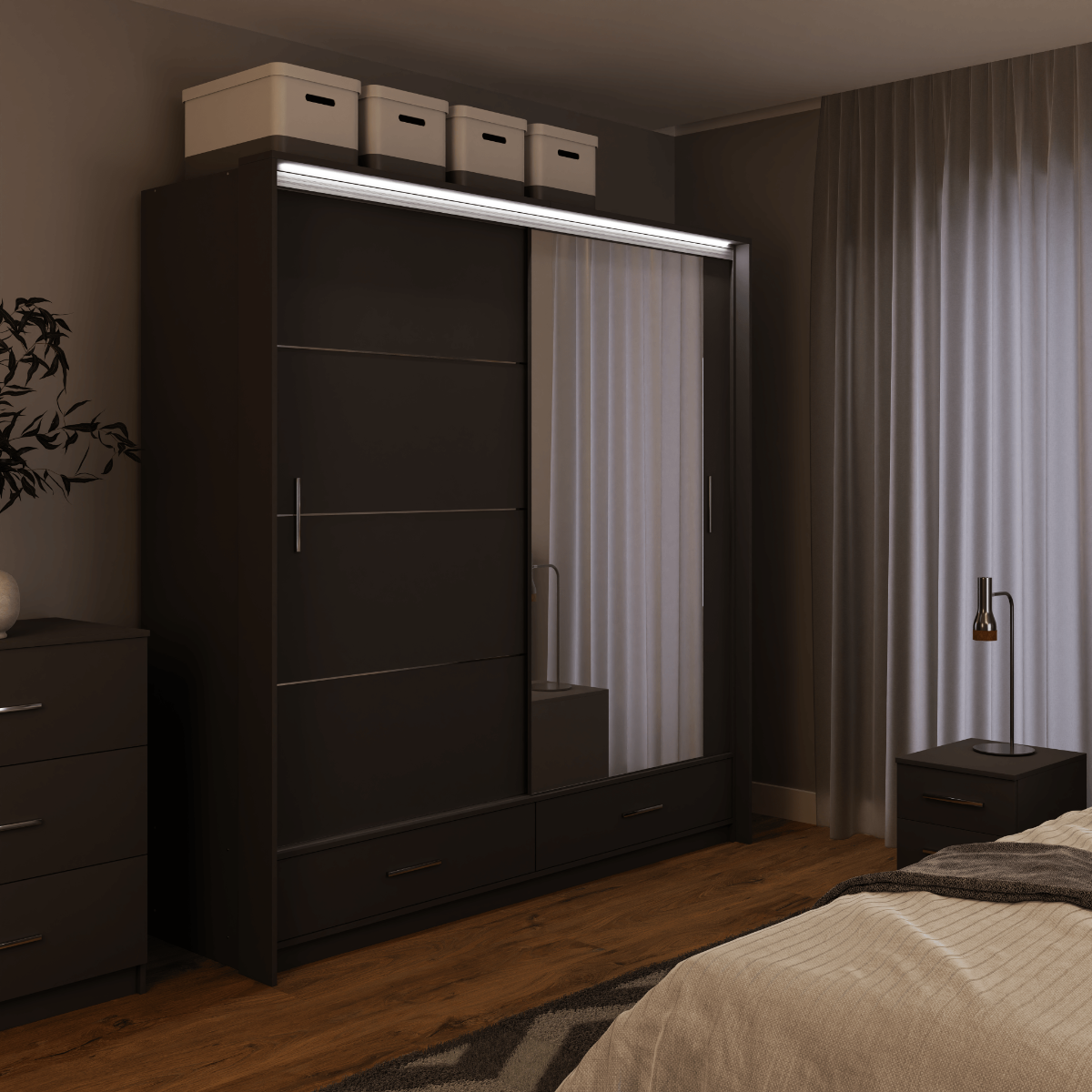 Graphite Mirrored Sliding Door Wardrobe 208cm –  EPSOM