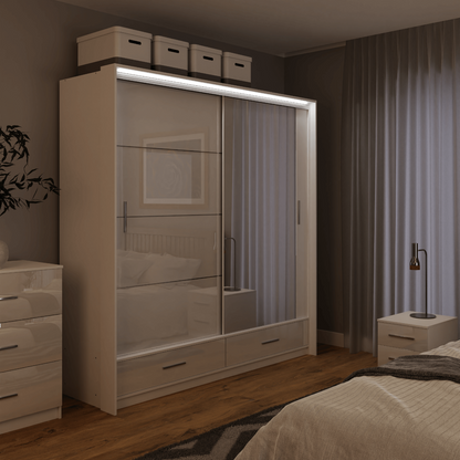 White Gloss Mirrored Sliding Door Wardrobe 208cm –  EPSOM